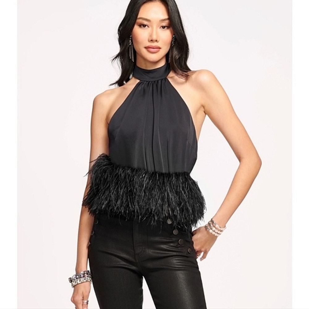 Ramy Brook Womens Danni Black Faux Feather Peplum Halter Top Shirt Sz Large